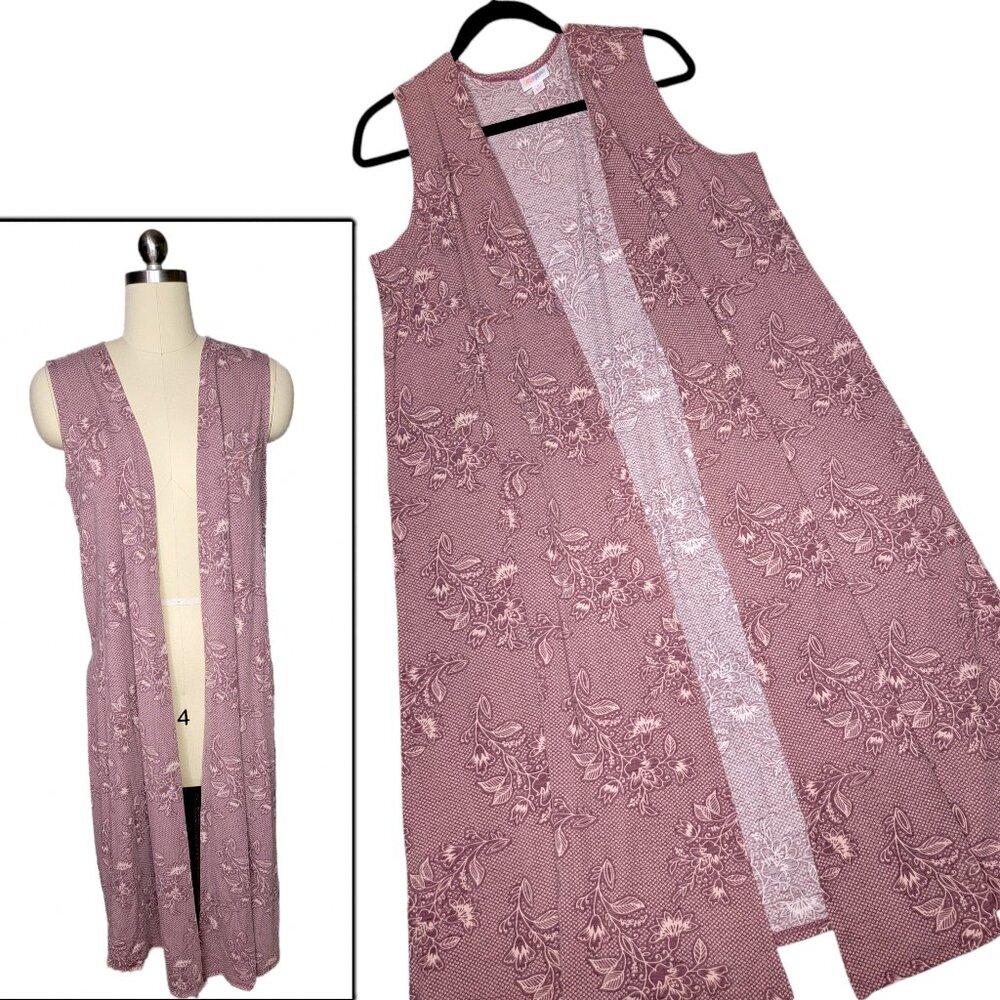 LuLaRoe Joy Vest Small Pink Floral Micro Polka Dot Longline Duster Lightweight
